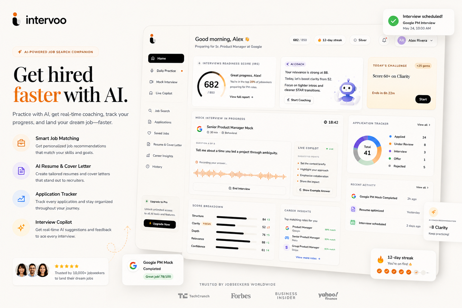 Intervoo product showcase showing AI-powered job search companion features and an interview readiness dashboard